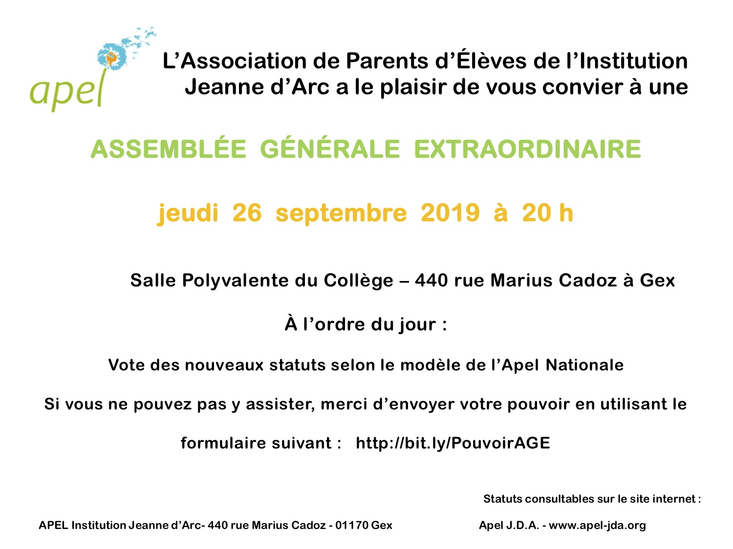 Assemblée Extraordinaire 26 septembre 2019 à 20h